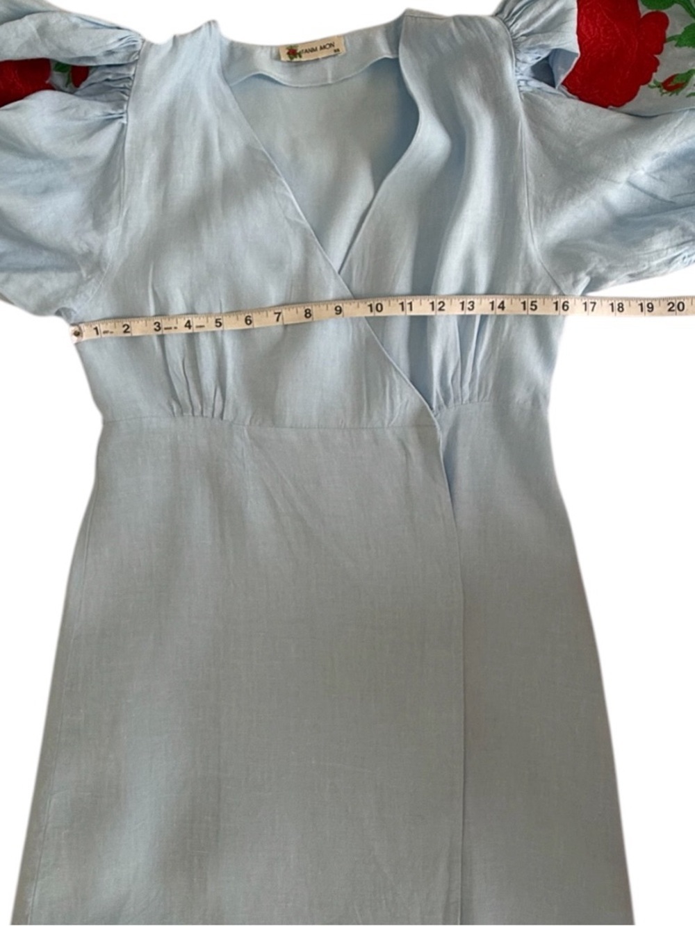 Fanm Mon Nif Linen Mini Dress XS Blue Floral Embroidered Resort Euro Summer - Picture 9 of 13